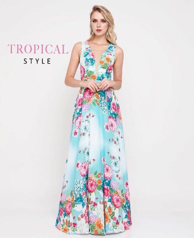 Aluguel de Vestido de Festa Formatura de Enfermagem Azul Florido Longo próximo ao Maracanã - Fino Traje Moda Festa