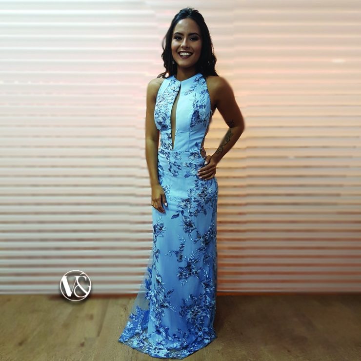 Aluguel de Vestido de Festa Longo Floral Azul Formatura Convidada no Nova América - Arrivee