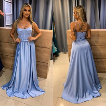 Vestido de Festa Azul Serenity Romântico Decotado Longo Madrinha de Casamento próximo à Abolição - Aluguel - Fino Traje Moda Festa