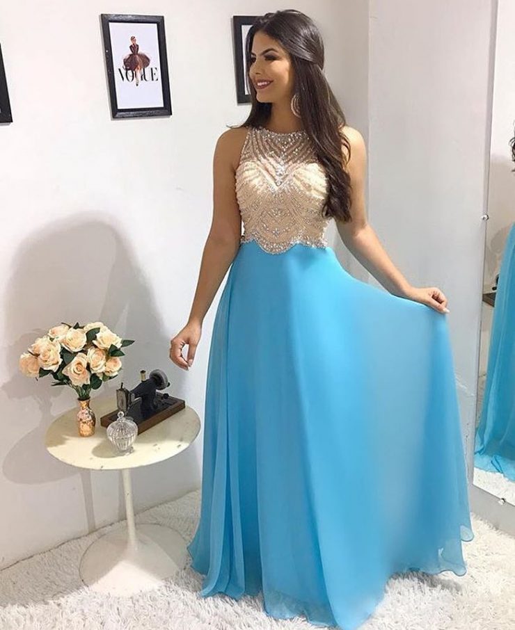 Vestido de Festa Azul Tiffany Formatura Faculdade Longo próximo à Penha para Alugar - Fino Traje Moda Festa
