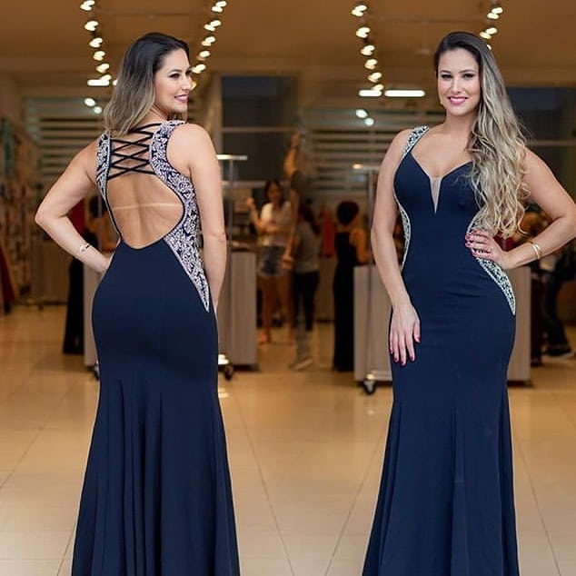 Vestido de Festa Baile de Formatura Sereia Decote Longo Azul próximo à Rio Comprido - Fino Traje Moda Festa