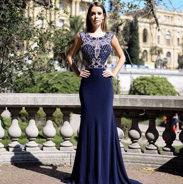 Vestido de Festa Formatura 2019 Longo Azul Marinho no Norte Shopping para Alugar - Fino Traje Moda Festa