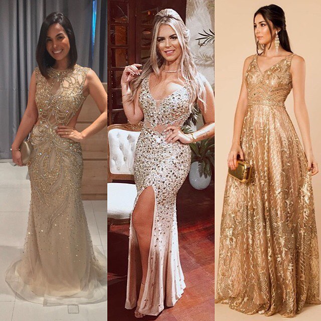 Vestido de Festa Formatura Faculdade Fenda Longo Decotado Dourado próximo ao Riachuelo - Fino Traje Moda Festa