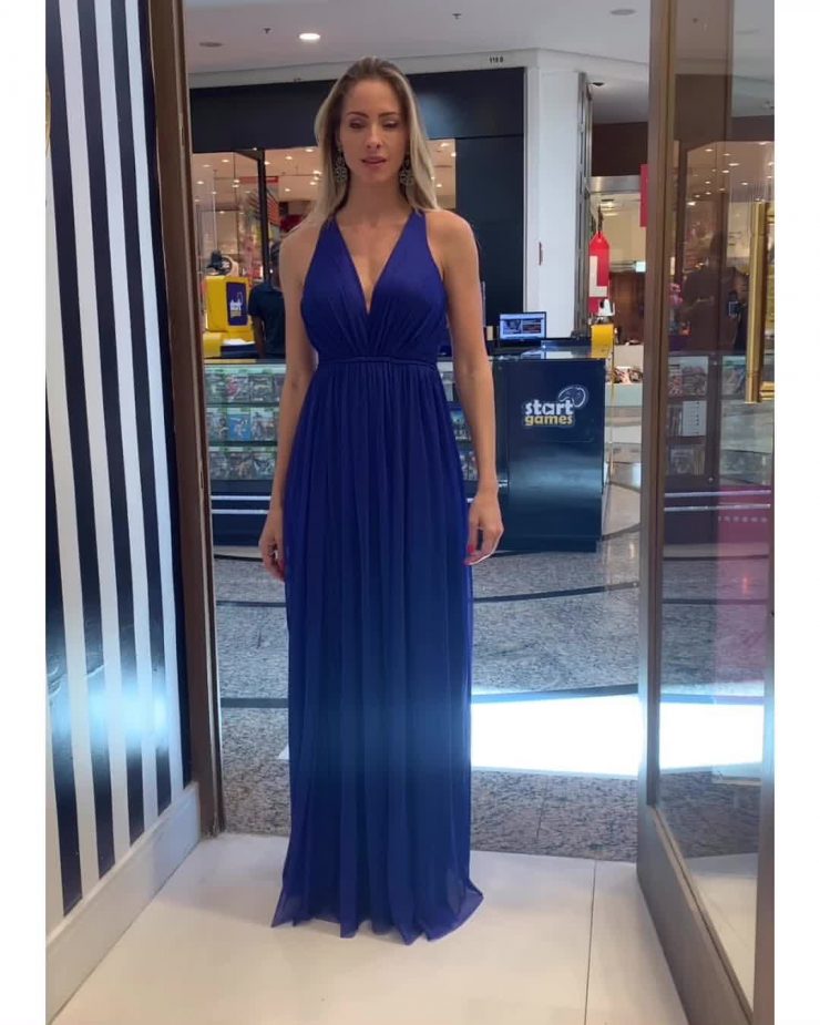Vestido de Festa Formatura onvidada Azul Nude Marinho Decotado Longo Princesa na Barra - Blue Shop