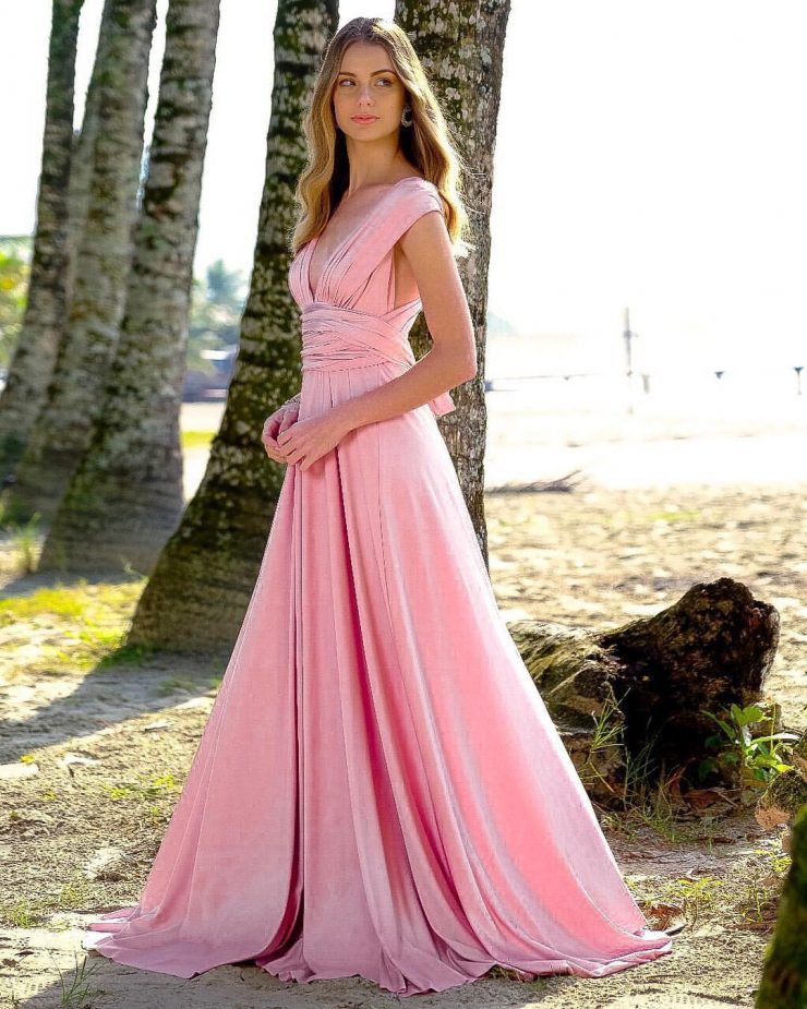 Vestido de Festa Longo Decotado Formatura Rosa na Tijuca - Arrazo Fashion