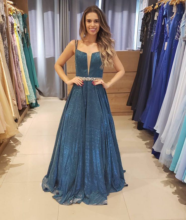 Vestido de Festa Romântico Decotado Formatura de Direito Azul próximo ao Shopping Tijuca - Fino Traje Moda Festa